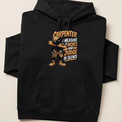 Cartoon carpenter graphic with humorous text about measurements and silence — printed on a unisex hoodie