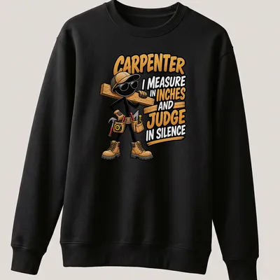 Cartoon carpenter graphic with humorous text about measurements and silence — printed on a unisex sweatshirt