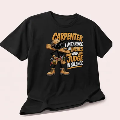 Cartoon carpenter graphic with humorous text about measurements and silence — printed on a unisex t-shirt (angled view)