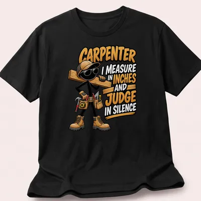 Cartoon carpenter graphic with humorous text about measurements and silence
