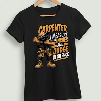 Cartoon carpenter graphic with humorous text about measurements and silence — printed on a women's shirt