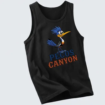 Colorful cartoon Roadrunner design with 'PECOS CANYON' text — printed on a tank top