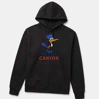 Colorful cartoon Roadrunner design with 'PECOS CANYON' text — printed on a unisex hoodie
