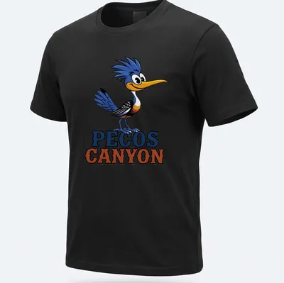 Colorful cartoon Roadrunner design with 'PECOS CANYON' text