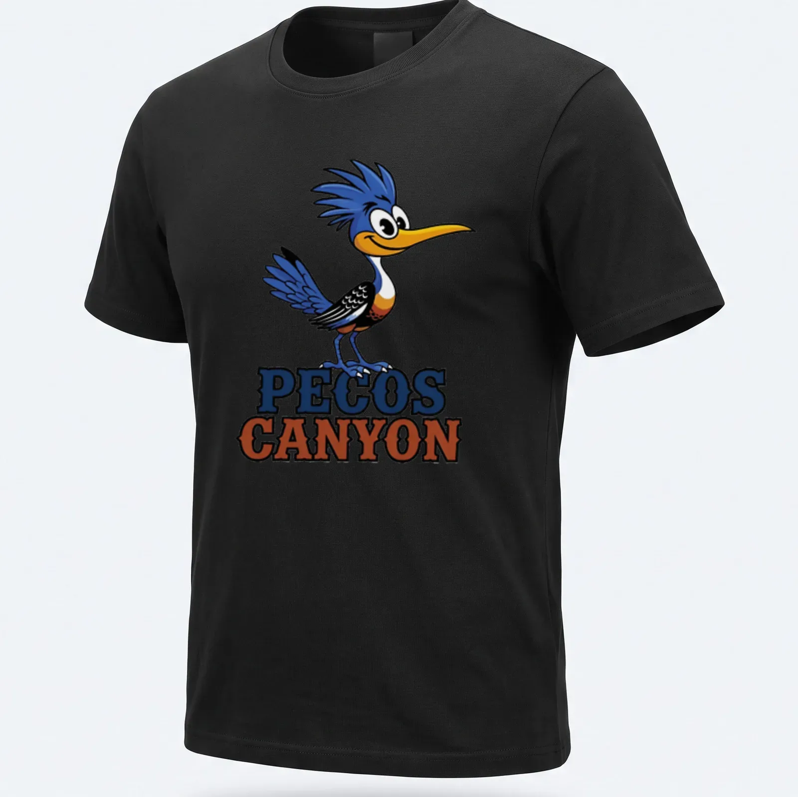 Colorful cartoon Roadrunner design with 'PECOS CANYON' text — printed on a unisex t-shirt