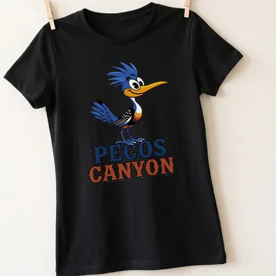 Colorful cartoon Roadrunner design with 'PECOS CANYON' text — printed on a women's shirt