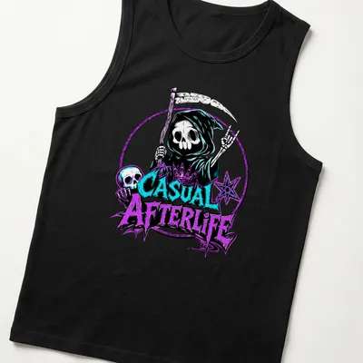 Bold graphic t-shirt featuring a skeleton with the text 'Casual Afterlife' — printed on a tank top