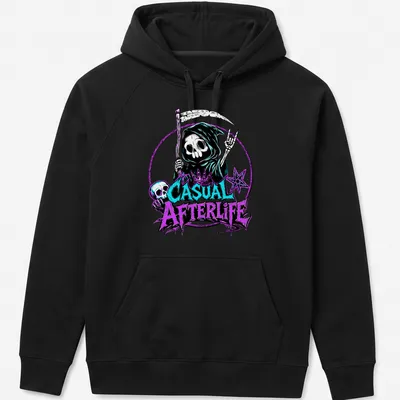Bold graphic t-shirt featuring a skeleton with the text 'Casual Afterlife' — printed on a unisex hoodie