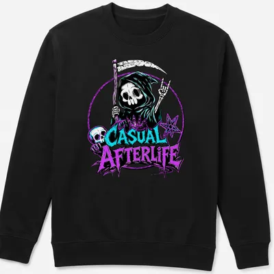 Bold graphic t-shirt featuring a skeleton with the text 'Casual Afterlife' — printed on a unisex sweatshirt