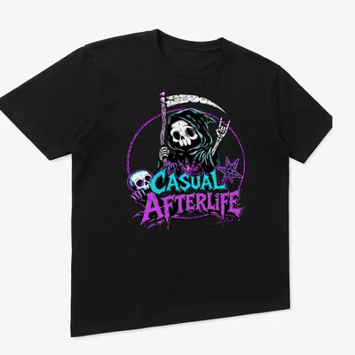 Bold graphic t-shirt featuring a skeleton with the text 'Casual Afterlife' — printed on a unisex t-shirt (angled view)