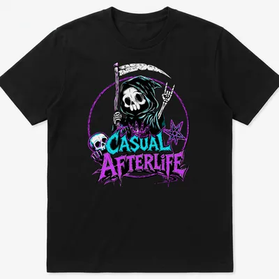 Bold graphic t-shirt featuring a skeleton with the text 'Casual Afterlife'