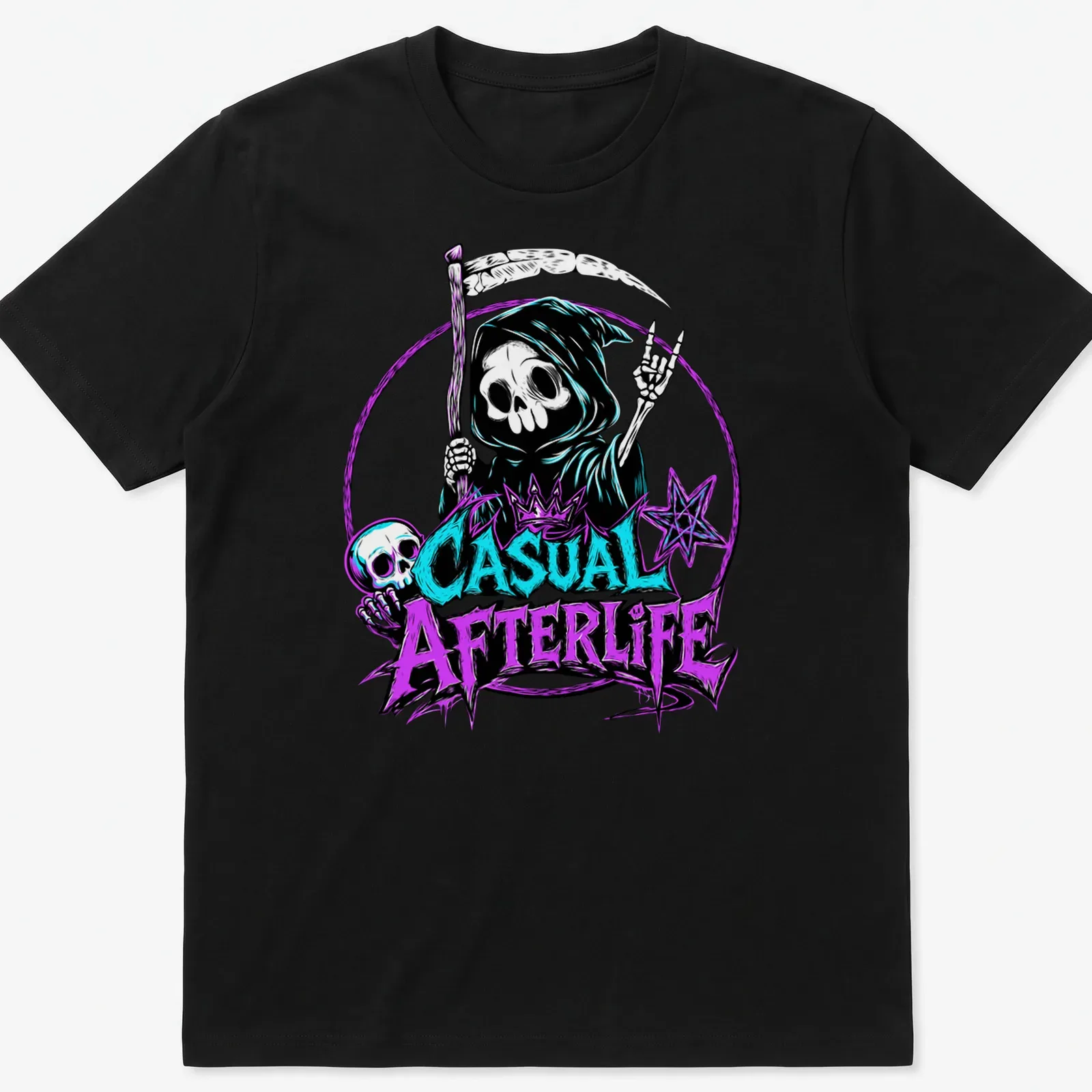 Bold graphic t-shirt featuring a skeleton with the text 'Casual Afterlife' — printed on a unisex t-shirt