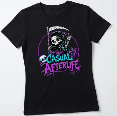 Bold graphic t-shirt featuring a skeleton with the text 'Casual Afterlife' — printed on a women's shirt