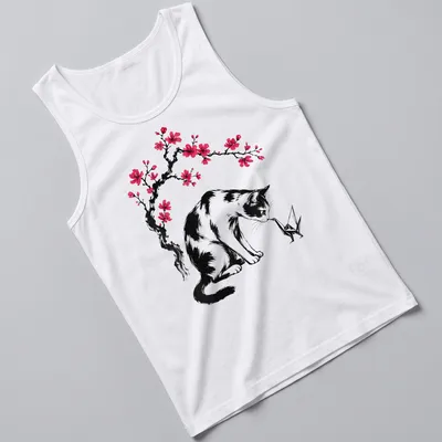 Illustration of a cat with an origami crane and cherry blossoms in black, pink, and white. — printed on a tank top