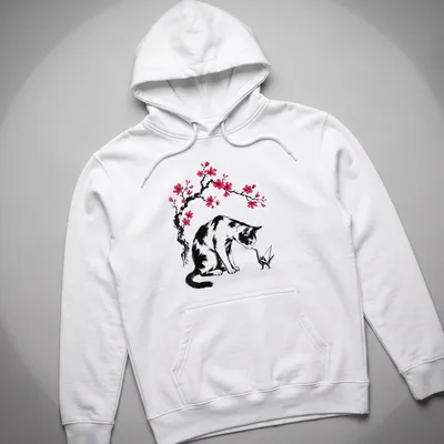 Illustration of a cat with an origami crane and cherry blossoms in black, pink, and white. — printed on a unisex hoodie
