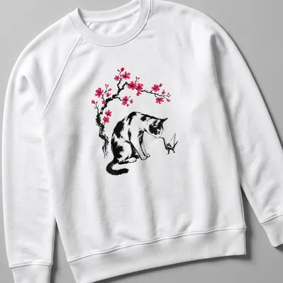 Illustration of a cat with an origami crane and cherry blossoms in black, pink, and white. — printed on a unisex sweatshirt