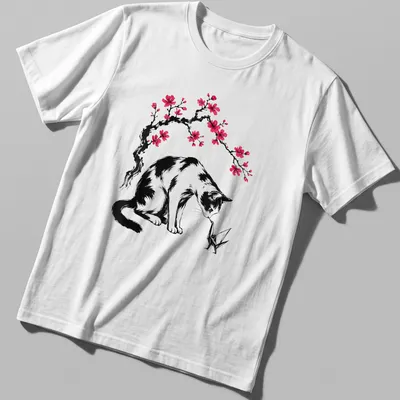Illustration of a cat with an origami crane and cherry blossoms in black, pink, and white.
