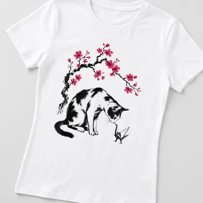 Illustration of a cat with an origami crane and cherry blossoms in black, pink, and white. — printed on a women's shirt