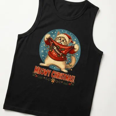 Vintage festive shirt with a cat and the text 'MEOWY CHRISTMAS!' in holiday colors — printed on a tank top