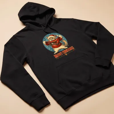 Vintage festive shirt with a cat and the text 'MEOWY CHRISTMAS!' in holiday colors — printed on a unisex hoodie