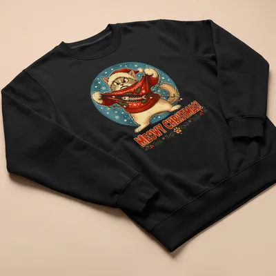 Vintage festive shirt with a cat and the text 'MEOWY CHRISTMAS!' in holiday colors — printed on a unisex sweatshirt