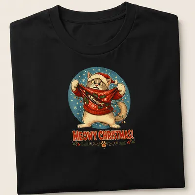 Vintage festive shirt with a cat and the text 'MEOWY CHRISTMAS!' in holiday colors