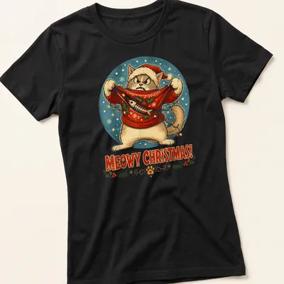 Vintage festive shirt with a cat and the text 'MEOWY CHRISTMAS!' in holiday colors — printed on a women's shirt