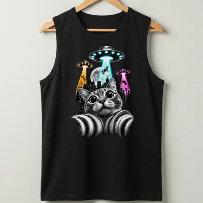 Black and white illustration of a cat taking a selfie with colorful UFOs. — printed on a tank top