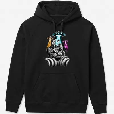 Black and white illustration of a cat taking a selfie with colorful UFOs. — printed on a unisex hoodie