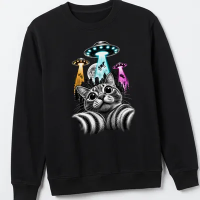 Black and white illustration of a cat taking a selfie with colorful UFOs. — printed on a unisex sweatshirt