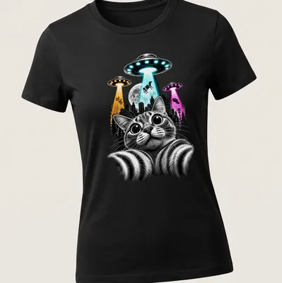 Black and white illustration of a cat taking a selfie with colorful UFOs. — printed on a women's shirt
