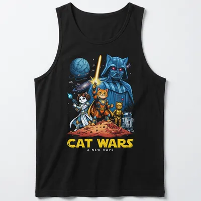 Colorful cartoon design featuring cats as space characters and humorous text. — printed on a tank top
