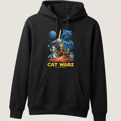 Colorful cartoon design featuring cats as space characters and humorous text. — printed on a unisex hoodie