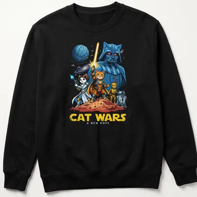 Colorful cartoon design featuring cats as space characters and humorous text. — printed on a unisex sweatshirt