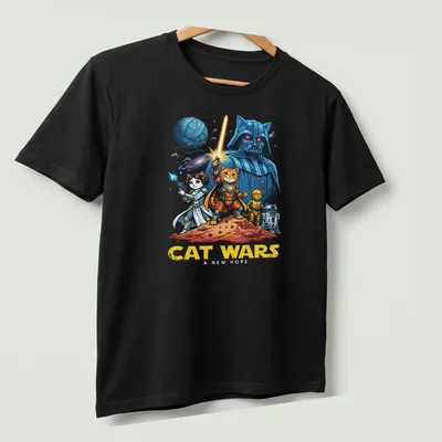 Colorful cartoon design featuring cats as space characters and humorous text. — printed on a unisex t-shirt (angled view)