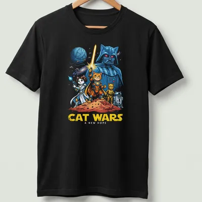 Colorful cartoon design featuring cats as space characters and humorous text.