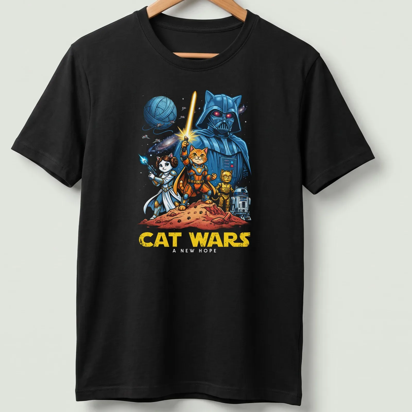 Colorful cartoon design featuring cats as space characters and humorous text. — printed on a unisex t-shirt