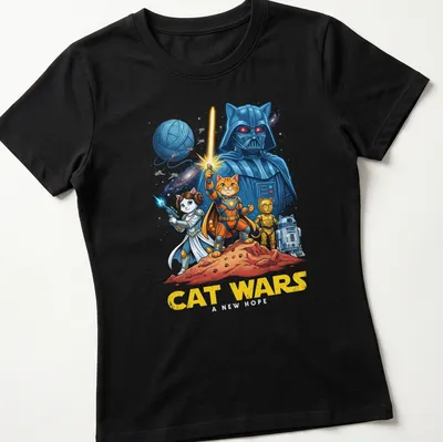 Colorful cartoon design featuring cats as space characters and humorous text. — printed on a women's shirt