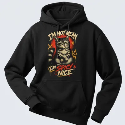 Graffiti-style t-shirt featuring a playful cat with text I'M NOT MEAN I'M SPICY NICE — printed on a unisex hoodie