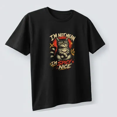 Graffiti-style t-shirt featuring a playful cat with text I'M NOT MEAN I'M SPICY NICE — angled view