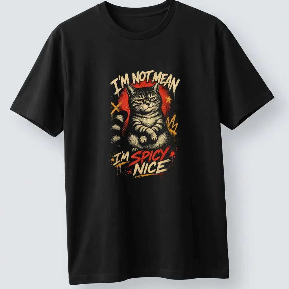 Graffiti-style t-shirt featuring a playful cat with text I'M NOT MEAN I'M SPICY NICE