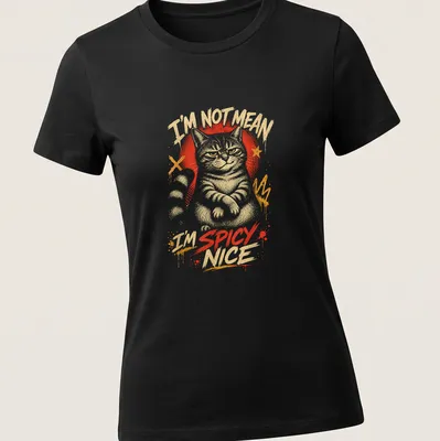 Graffiti-style t-shirt featuring a playful cat with text I'M NOT MEAN I'M SPICY NICE — printed on a women's t-shirt