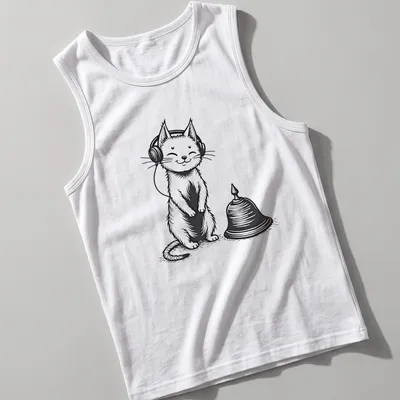 Line-art graphic of a cat wearing headphones and a bell on a white — printed on a tank top