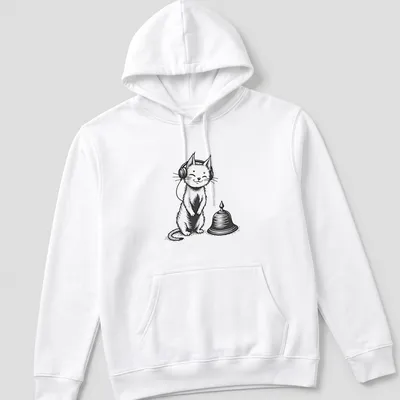 Line-art graphic of a cat wearing headphones and a bell on a white — printed on a unisex hoodie