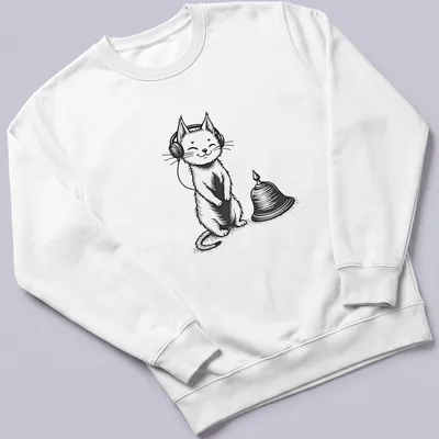 Line-art graphic of a cat wearing headphones and a bell on a white — printed on a unisex sweatshirt