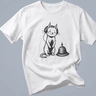 Line-art graphic of a cat wearing headphones and a bell on a white t-shirt