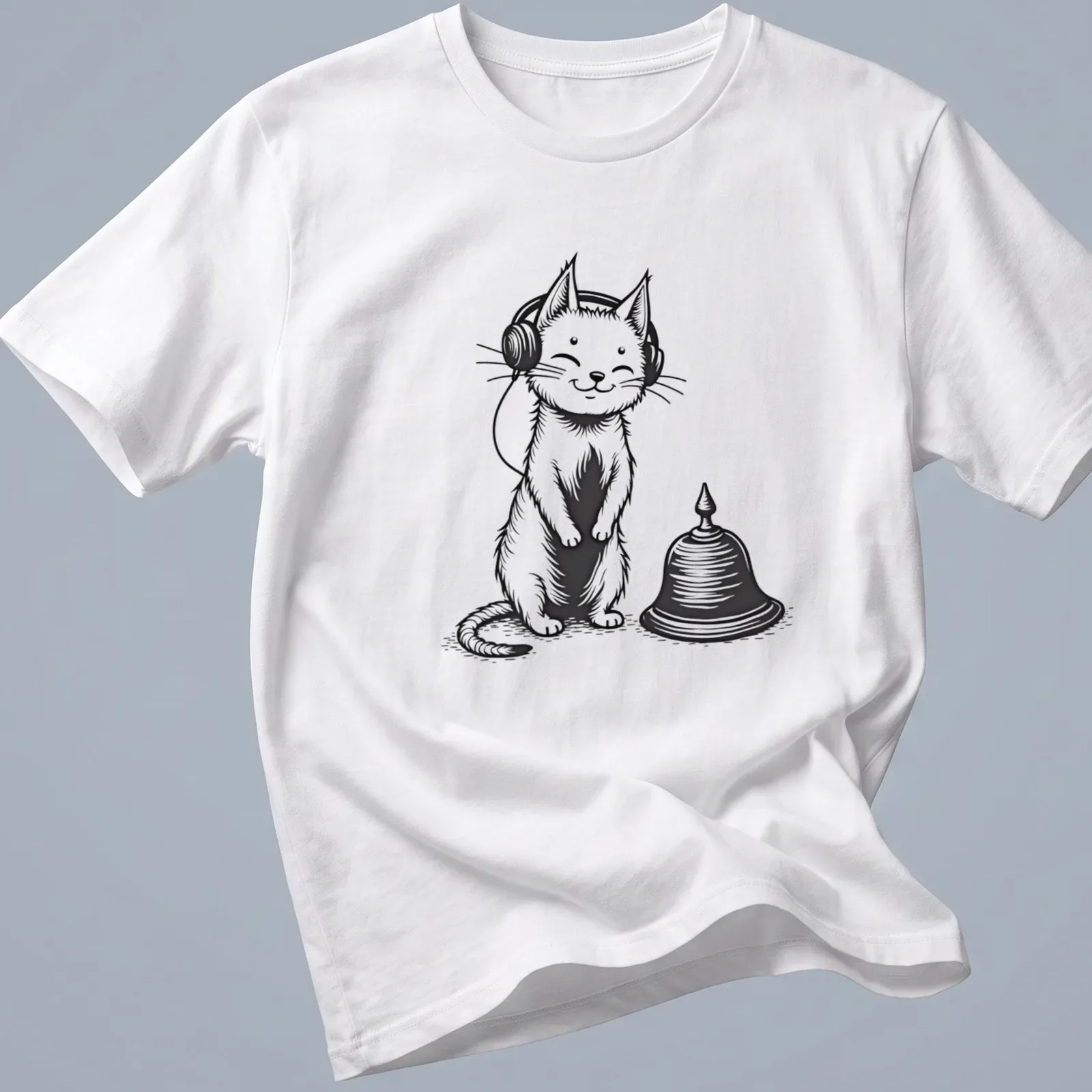 Line-art graphic of a cat wearing headphones and a bell on a white — printed on a unisex t-shirt