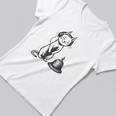 Line-art graphic of a cat wearing headphones and a bell on a white — printed on a women's shirt