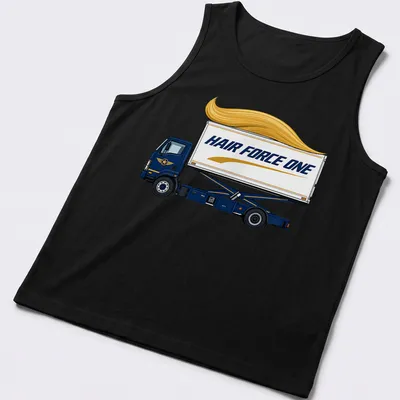 Cartoon catering truck design with 'HAIR FORCE ONE' slogan in blue, yellow, and white. — printed on a tank top