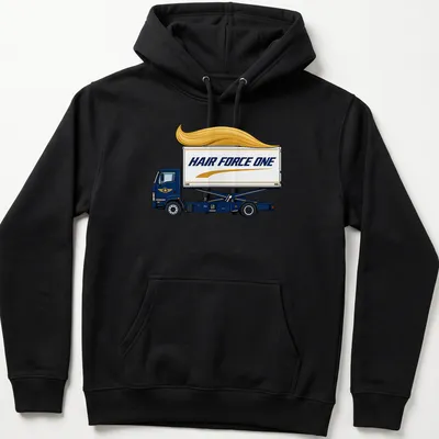 Cartoon catering truck design with 'HAIR FORCE ONE' slogan in blue, yellow, and white. — printed on a unisex hoodie